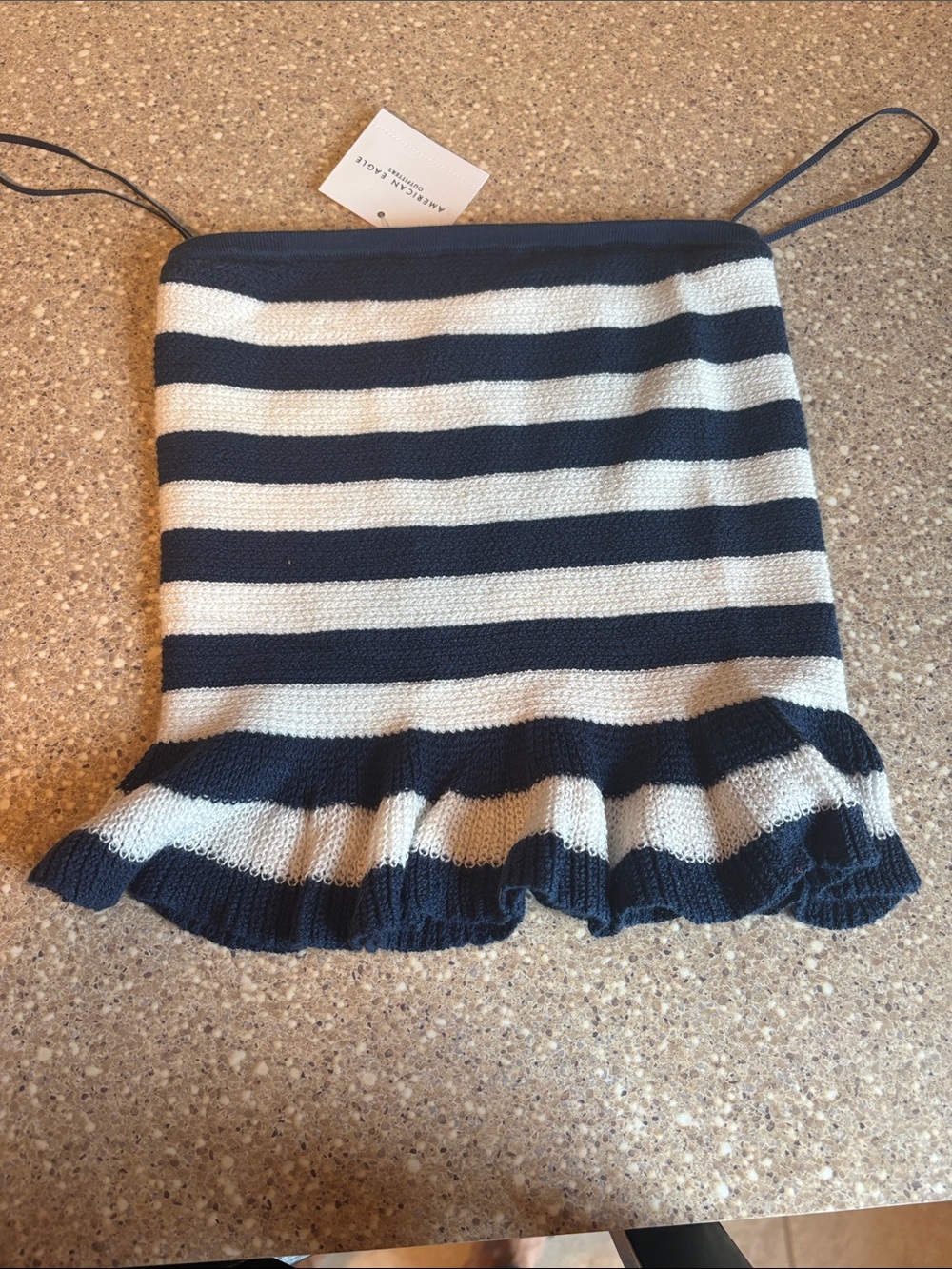 American Eagle Outfitters Navy & White Striped Ruffle Hem Crop Top Peplum NWT XS